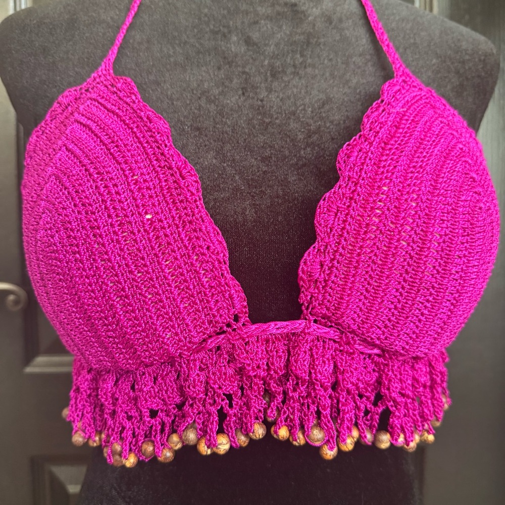 Magenta LIRIO Crochet Bikini Top Wooden Bead Fringe & Lining - Fit:32-36 A-C Cup